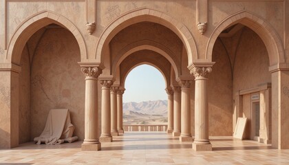 Obraz premium Stone arches frame a panoramic view of a desert landscape in the distance.