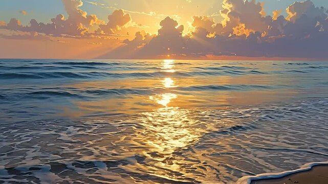 Golden sunrise over the ocean with gentle waves lapping the shore