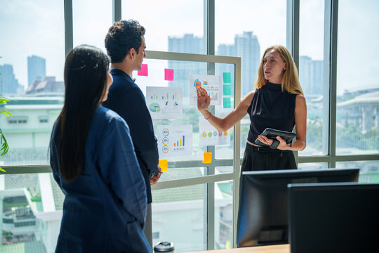 Business marketing strategy model ai meeting office presentation team shares data insight near window city view as woman lead discussion using tablet and chart for client plan growth and clarity