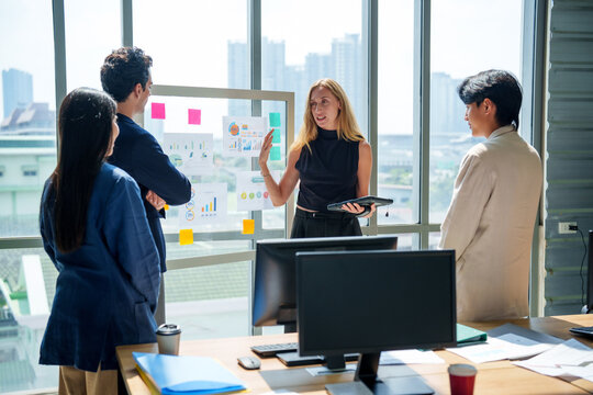 Business marketing strategy model ai team meeting presentation office data guide confident leader as colleagues review chart and graph by window with city view for growth plan