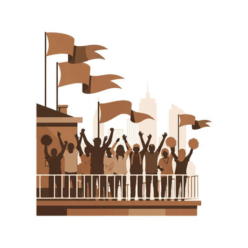 Flat vector of fans cheering on a rooftop deck with a city skyline in the background, pennant flags waving, muted sepia and vintage bronze colors, minimalist flat vector artwork, clipart style,