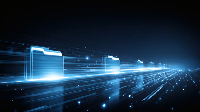 digital rendering of multiple interconnected folder icons of varying sizes, glowing with a soft neon blue light. A multi-lane highway of glowing white particles and light streaks flows between 