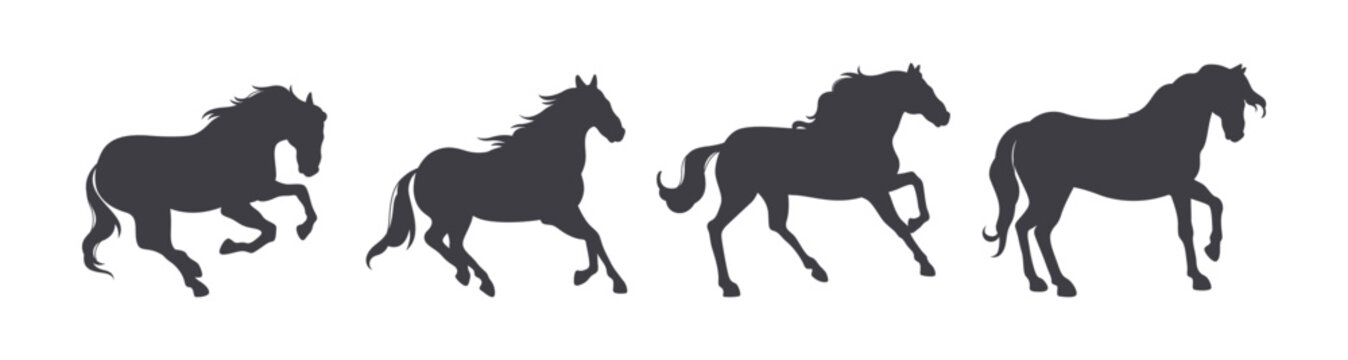 Four Dynamic Silhouette Horses Running in Different Postures Isolated Vector Illustration