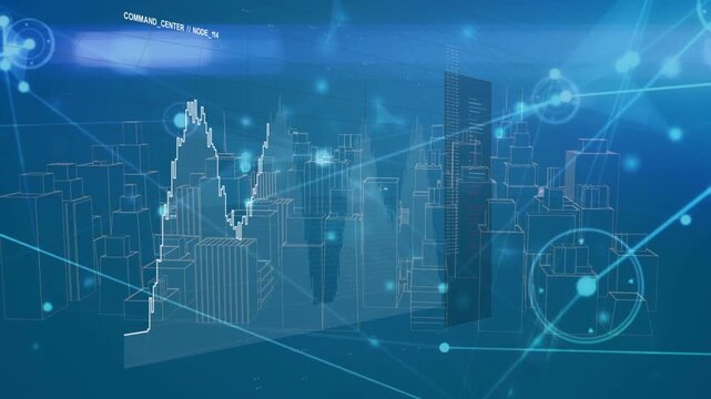3D wireframe city and stepped waveform responding to pulsing nodes, visualizing command center data