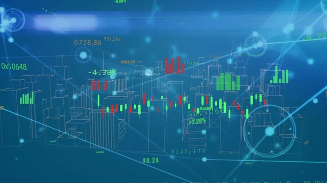 Particles floating initiating candles forming midline, bars rising, nodes sweeping to show data