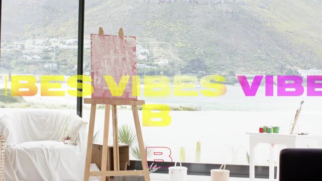 Clean shot starting VIBES text stacking over wooden easel, hiding then fading to evoke seaside vibe