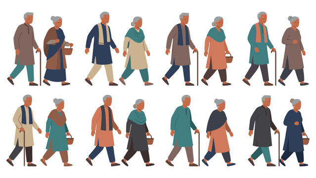 Collection of elderly couples walking together in traditional clothes with walking sticks.