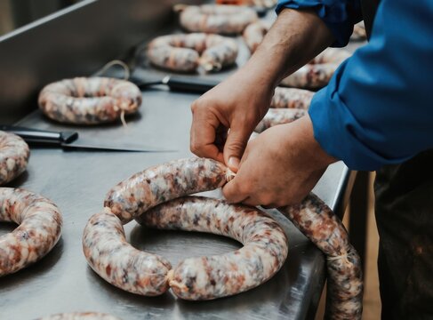 Butcher ties raw meat sausages with string on metal table. Worker makes chorizo and salame in food production facility. Pork meat processing is done by hand.