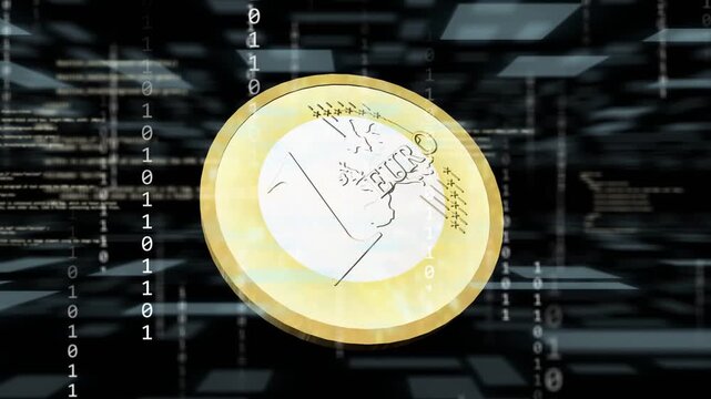 Camera orbiting, 1&euro; coin rotating, revealing obverse and harp reverse, showing metal sheen and code