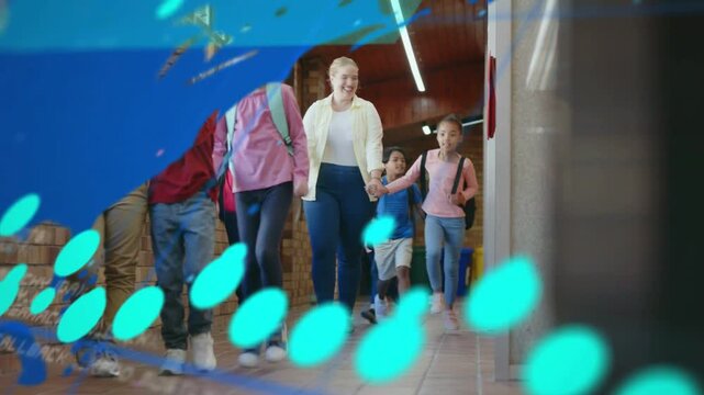 Teacher leading kids heading to class, map overlay emerging right, sweeping group, numbers showing
