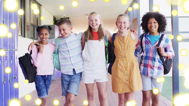 Five pupils walking arms linked past purple lockers with bags, steps sparking yellow glow settling