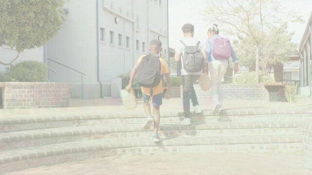 3 students walking up curved steps after first boy enters, animated path guiding to school entrance