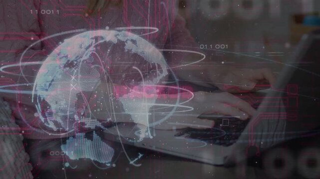 Woman typing on laptop initiating animated globe fading rotating with HACKED signaling cyber breach