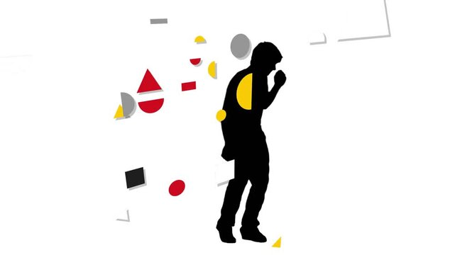 Shapes emerging from left, black silhouette shifting, reaching and guiding cluster right for rhythm