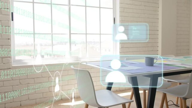 Sunlight streaming past window green binary rising while cards stacking atop table showing network