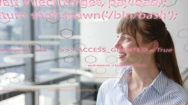 Office woman turning toward window while tech hexagon code overlay showing ACCESS_GRANTED, smiling
