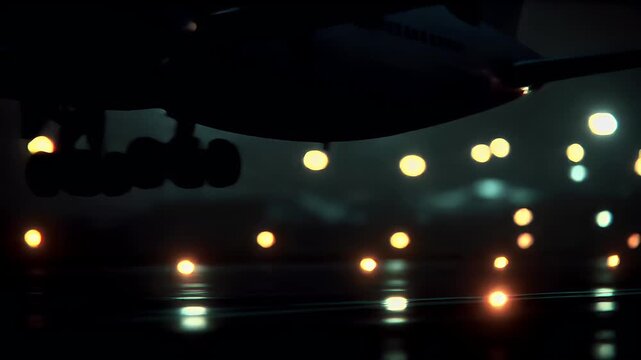Travel trip journey. A dramatic, atmospheric depiction of an airplane taking off from an airport runway at night. The airplane is silhouetted against the backdrop of a cityscape illuminated by bright.