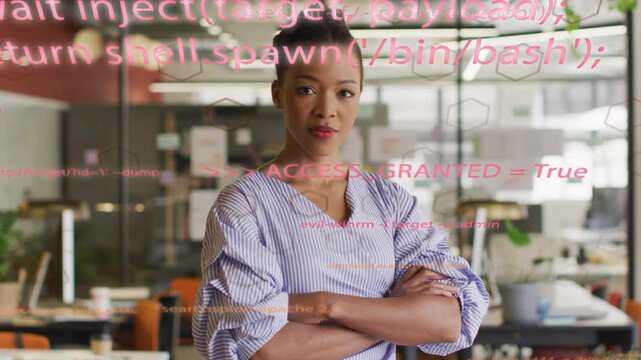 Female tech pro folded-arms in glass office code overlay lifting ACCESS_GRANTED showing smiling