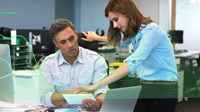 Woman pointing, man tapping tablet, team working in business, green graphs floating between screens