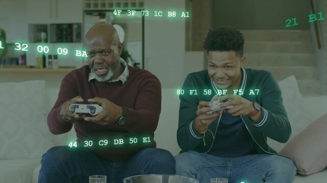 Senior and adult men pressing gaming pads, leaning, competing with green code overlay