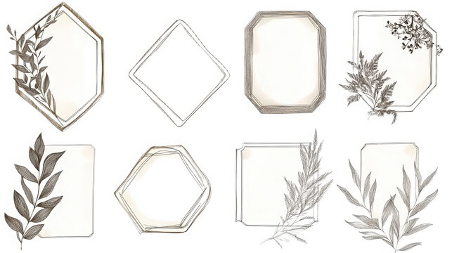 Collection of handmade artistic decorative sketchy borders in various shapes and botanical designs