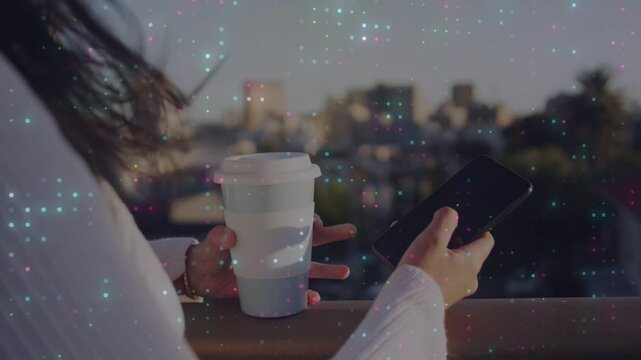 Woman balcony using phone, angling phone, adjusting cup, sparkles highlighting tech, checking texts