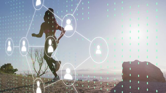 Female runner passing rock on sunlit hilltop, activating technology overlay for network demo