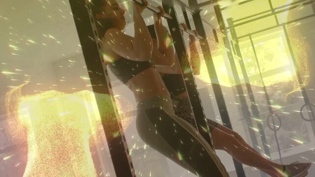 Two women doing kipping pullups for fitness on rig reaching bar driving hips gold overlaying frames