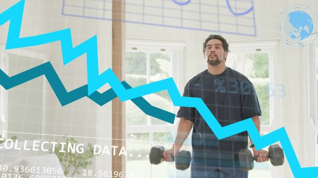 Mid-adult man curling dumbbells while glancing at fitness data overlay starting, graphs enlarging