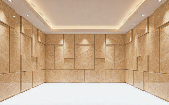 This is a fully finished empty indoor space with custom beige marble wall panels, recessed ceiling lighting and polished white flooring.
