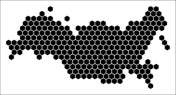 Russia simple black and white hexagon map shape template. Country plain hexagon cell dots. Russia flat honeycomb boundary. Vector Illustration.