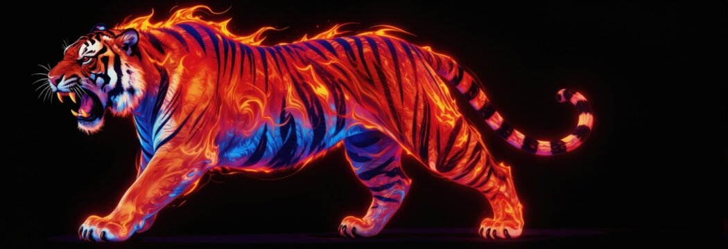 Fiery tiger walks with glowing stripes and flames. Roaring predator shows sharp teeth and claws in dark night. Intense wild animal moves with power and fury.