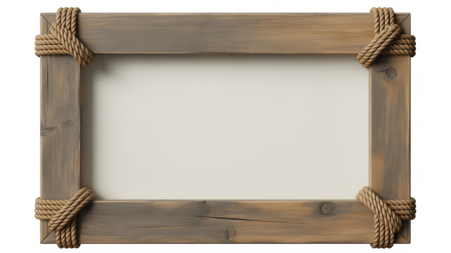 A rustic rectangular wooden frame decorated with thick brown rope tied at all four corners
