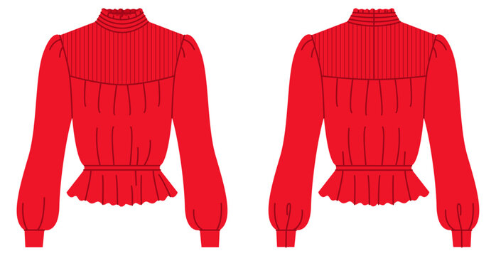 Red blouse with high ruffle neckline, pleated yoke peplum hem long sleeves fitted waist creating elegant feminine silhouette with structured shaping. Technical fashion illustration in flat color