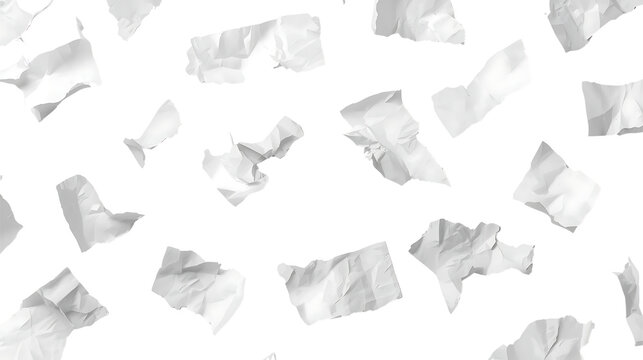crumpled paper sheets floating randomly on white background