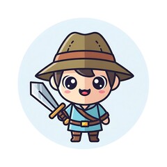 Obraz premium A charming cartoon adventurer, smiling and holding a sword. Set within a light blue circle, wearing a brown hat and blue clothing