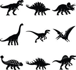 Set of black dinosaur silhouettes including tyrannosaurus and triceratops for prehistoric design projects © Bacon