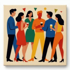 Obraz premium Group of diverse people at vibrant celebration with drinks. Stylized figures in bright clothes mingle, socialize. Simple geometric shapes add festive, modern art feel. Illustration suggests fun,