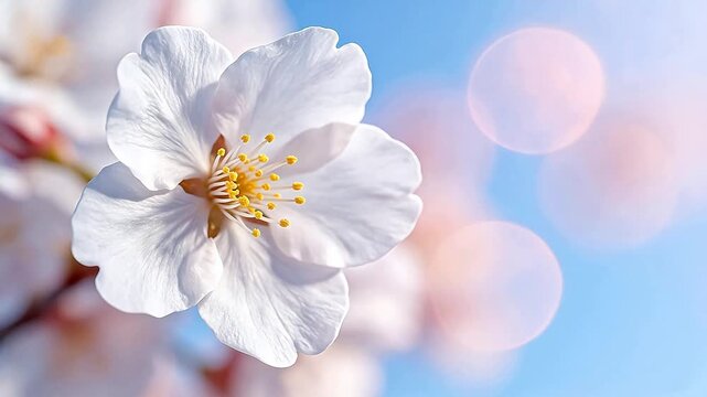 White flower with yellow center against blue sky