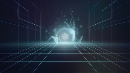 Fototapeta premium Abstract glowing digital geometric web background. Cyber space perspective wireframe grid with floating light particles. Futuristic technology network data visualization connection concept.