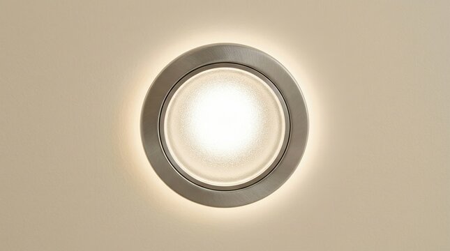 recessed lighting, downlight, ceiling lamp, modern light fixture, interior lighting, led spotlight, home decor, a round brushed metal lamp with warm glow on neutral ceiling background