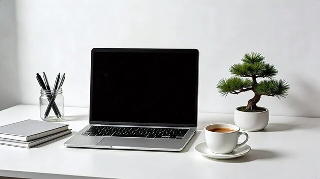 Laptop on desk with coffee and plant