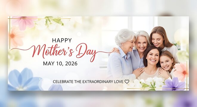 Happy Mother's Day 2026 banner with a multi-generational family portrait, celebrating extraordinary love with soft floral accents and bokeh.