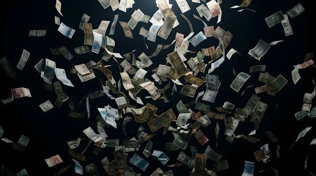 Various world currencies falling against a dark background