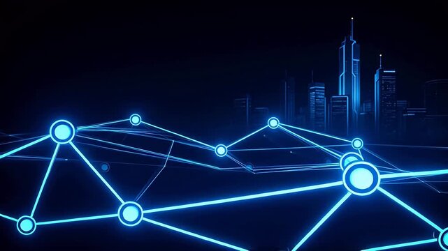 Blue glowing network over city skyline