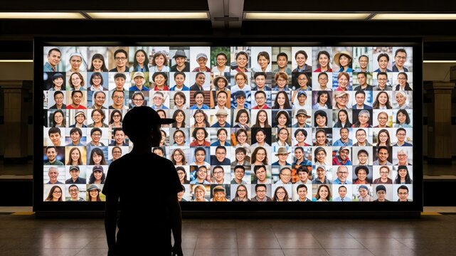 Young boy silhouette looking at large digital wall of diverse human portraits in subway station