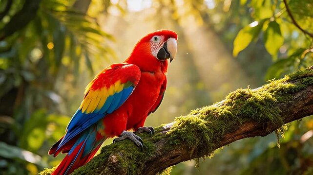 Colorful parrot perched on mossy branch
