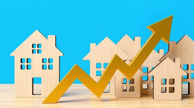 Real estate growth investment house property arrow market showing rising housing prices and high investment yield in the property sector against a blue background.