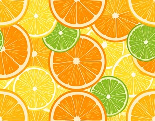 Obraz premium Citrus slices create a vibrant pattern. Circular sections of oranges, lemons, and limes overlap and fill the image. Bright colors and detailed textures