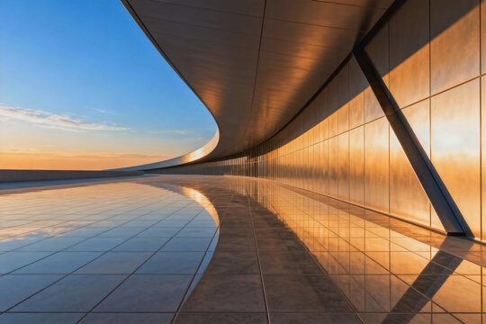This minimalist curved architectural terrace captures warm golden hour sunset light, with reflective tiled floors and metal facade panels mirroring the warm sky tones.